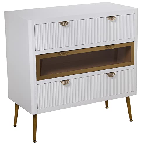 DRW Kommode mit 3 Schubladen, 1 Weiß und Gold, 80 x 40 x 80 cm, Höhe: 20,5 cm, Holz und Glas, Dorado von DRW