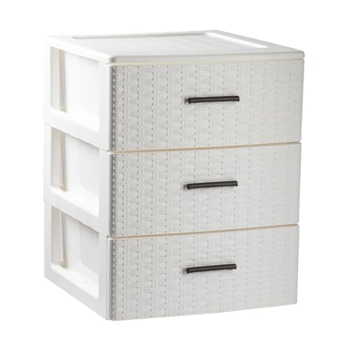 DRW Kommode mit 3 Schubladen, Rattan, PVC, Weiß, 37,5 x 36,5 x 46,5 cm von DRW