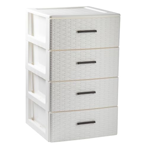 DRW Kommode mit 4 Schubladen, Rattan, PVC, Weiß, 37,5 x 36,5 x 61,5 cm von DRW