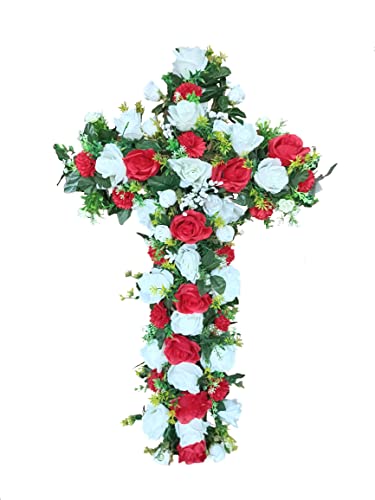 DRW Künstliche Blumenkreuz, Friedhof, Heiligen, Jubiläen, Weiße und rote Rosen, 83 x 55 x 15 cm von DRW