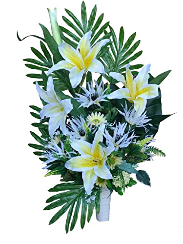 DRW Künstliche Blumenvase für Friedhof, Heiligen, Jahrestage, Gelb und Weiß, um direkt in die Aussparung zu Legen, 70 cm hoch x 47 cm breit x 26 cm tief von DRW