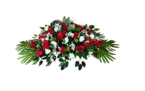 DRW Künstliche Blumenzentrum Friedhof, Heiligen, Jubiläen, verlängert, Kissen, Rot und Weiß, 110 cm, Länge x 56 cm Breite x 34 cm Höhe von DRW