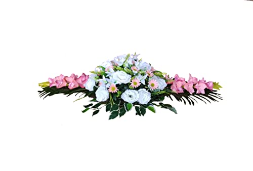 DRW Künstliche Blumenzentrum Friedhof, Heiligen, Jubiläen, verlängert, Lachs- und Weißtöne, 120 cm Länge x 50 cm Breite x 30 cm Höhe von DRW