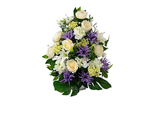 DRW Künstliche Blumenzentrum für Friedhof, Kirchen, Hochzeit, Blumenzentrum für die Heiligen, Beige, Lila und Weiß, 75 x 55 cm von DRW