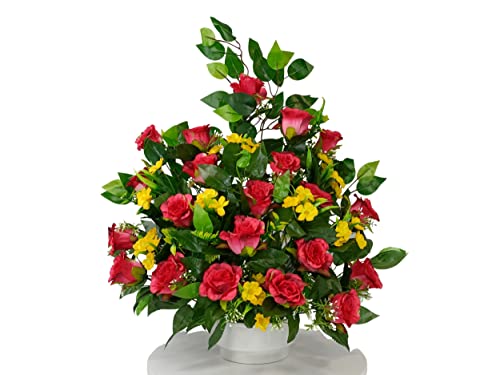 DRW Künstliche Blumenzentrum für Friedhof, Kirchen, Hochzeit, Blumenzentrum für die Heiligen, Rosa und Gelb, 75 x 55 cm von DRW