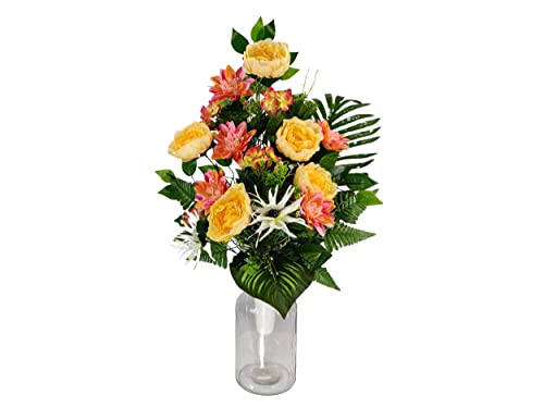 DRW Künstliche Blumenzentrum für Friedhof, Kirchen, Hochzeit, Blumenzentrum für die Heiligen, Rot, Orange und Gelb (Vase 65 x 40) von DRW