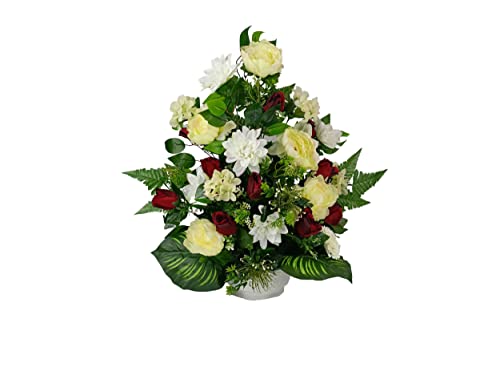 DRW Künstliche Blumenzentrum für Friedhof, Kirchen, Hochzeit, Blumenzentrum für die Heiligen, Rot, Weiß und Beige (Mitte 75 x 55 cm) von DRW