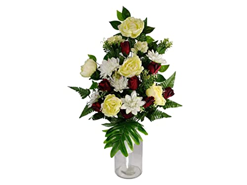 DRW Künstliche Blumenzentrum für Friedhof, Kirchen, Hochzeit, Blumenzentrum für die Heiligen, Rot, Weiß und Beige (Vase 65 x 40 cm) von DRW