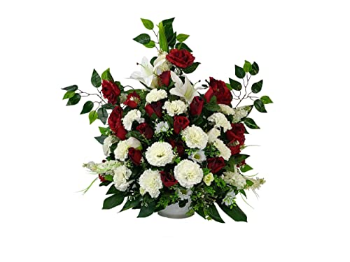 DRW Künstliche Blumenzentrum für Friedhof, Kirchen, Hochzeit, Blumenzentrum für die Heiligen, Weiß und Rot, 85 x 65 cm von DRW