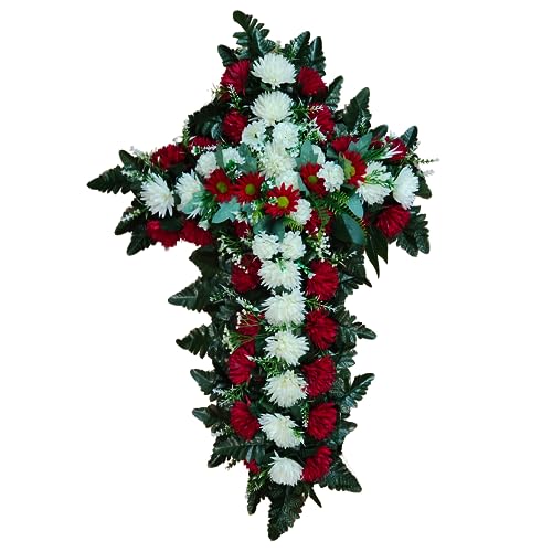 DRW Künstliches Blumenkreuz, Weiß und Rot, mit Chrysanthemen für Friedhof, Heilige, Kirchen, Ampersare, 95 x 52 x 15 cm von DRW