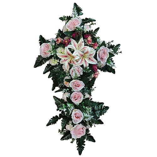 DRW Künstliches Blumenkreuz Rosa mit Rosen für Friedhof, Heilige, Kirchen, Täter, 95 x 52 x 15 cm von DRW