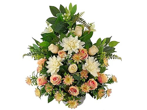 DRW Kunstblumenzentrum Friedhof, Heilige, Kirchen, Jahrestage, Zeremonien, Hochzeiten Beige und Lachs mit Dahlien, Gänseblümchen und Rosen 65x56x30 cm von DRW