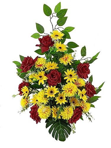 DRW Kunstblumenzentrum Friedhof, Heilige, Kirchen, Jahrestage, Zeremonien, Rote und gelbe Hochzeit mit Rosen und Sonnenblumen 70x60x40 cm von DRW