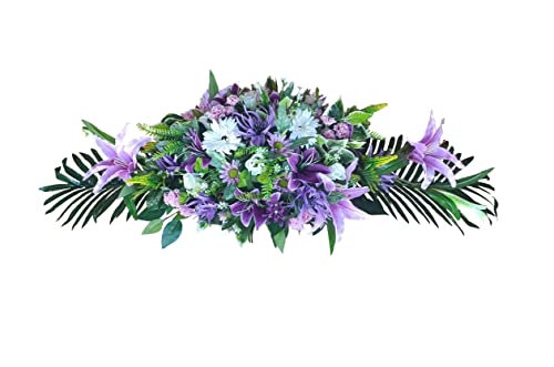 DRW Kunstblumenzentrum Friedhof, Heilige, stehende Jubiläen, Lila Malve und Weiß (Zentrum flach 120 x 42 x 32 cm) von DRW