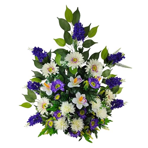 DRW Kunstblumenzentrum Lila und Weiß für Friedhof, Hochzeiten, Kirchen mit Gerberas, Gänseblümchen und Orchideen 67 x 62 x 22 cm von DRW