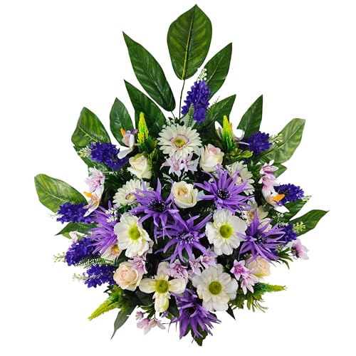 DRW Kunstblumenzentrum Lila und Weiß für Friedhof, Hochzeiten, Kirchen mit Gerberas, Gänseblümchen und Rosen, 72 x 92 x 30 cm von DRW