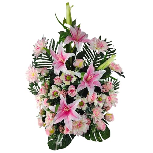 DRW Kunstblumenzentrum Rosa für Friedhof, Hochzeit, Kirche mit Lilien, Dahlien, Rosen, 82 x 76 x 30 cm von DRW