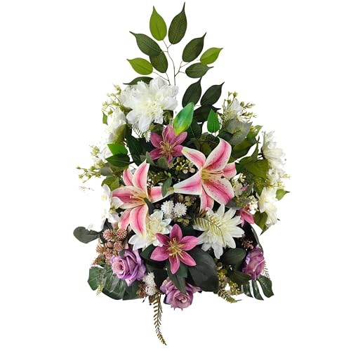 DRW Kunstblumenzentrum Rosa für Friedhof, Hochzeit, Kirche mit Lilium, Dahlien, Rosen, 74 x 77 x 30 cm von DRW