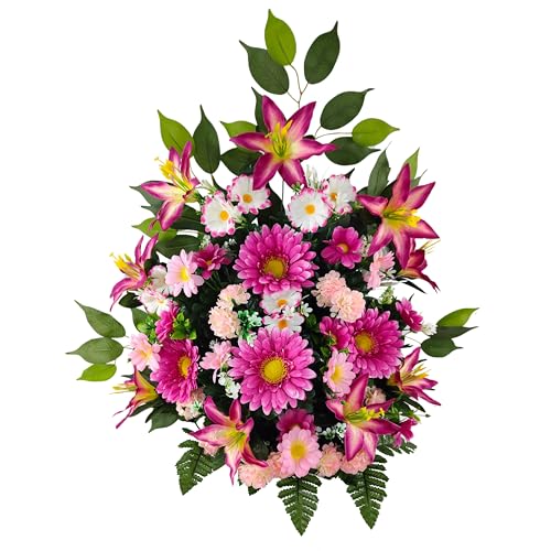 DRW Kunstblumenzentrum Rosa für Friedhof, Hochzeit, Kirche mit Lilium, Gerbera, Gänseblümchen, Chrysantheme 65 x 67 x 28 cm von DRW