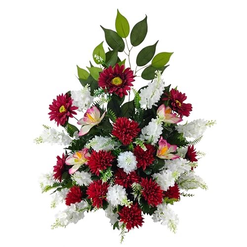 DRW Kunstblumenzentrum Rot und Weiß für Friedhof, Hochzeiten, Kirchen mit Gerbera, Flieder und Orchideen, 65 x 60 x 28 cm von DRW