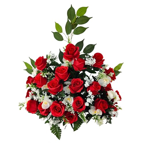 DRW Kunstblumenzentrum Rot und Weiß für Friedhof, Hochzeiten, Kirchen mit Rosen und Orchideen, 60 x 60 x 15 cm von DRW