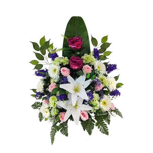 DRW Kunstblumenzentrum für Friedhof, Hochzeiten, Kirchen mit Lilien, Gerberas, Rosen und Flieder, 70 x 50 x 28 cm von DRW