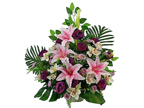 DRW Kunstblumenzentrum für Friedhof Rosa und Malve Lila Kirchen Hochzeit Blumenzentrum für Heilige mit Lilien, Rosen, Orchideen Rosa, Malve und Lila (Zentrum 70 x 85 x 30 cm) von DRW