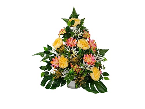 DRW Kunstblumenzentrum für Friedhof Kirchen Hochzeiten Blumenzentrum für Heilige Rosa Gelb und Beige 75x55 cm von DRW