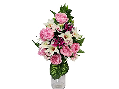 DRW Kunstblumenzentrum für Friedhof Kirchen Hochzeiten Blumenzentrum für Heilige Rosa und Weiß, 65 x 40 cm Vase zum Einführen in Vasen Nische oder Grab von DRW