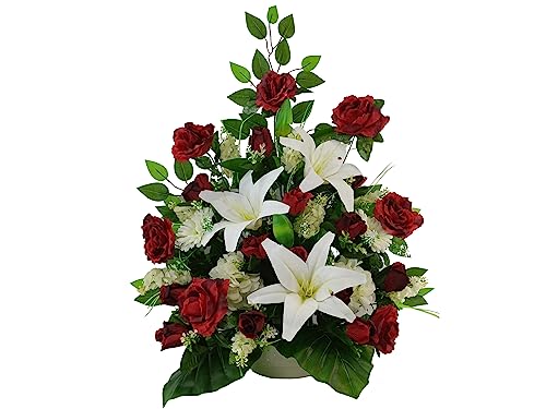 DRW Kunstblumenzentrum für weiße und rote Friedhof, Kirchen, Hochzeiten, Blumenzentrum für Heilige mit Lilien, Knospen, Gerbera und Hortensien Rot und Weiß, 80 x 65 x 30 cm von DRW