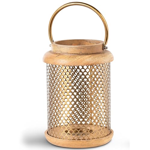 DRW Laterne Kerzenhalter aus Holz und Metall in Gold, 19 x 19 x 28 cm von DRW