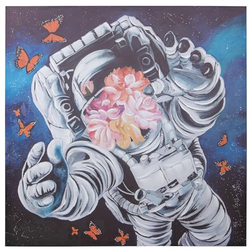 DRW Leinwandbild, Astronaut mit Blumen und Schmetterlingen, handbemalt, 40%, 100 x 100 x 3 cm von DRW