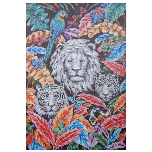 DRW Leinwandbild, Dschungel, Löwe, Tiger und Panther Vögel und Schmetterlinge, handbemalt, 40% verschiedene Farbtöne, 120 x 80 x 3 cm von DRW