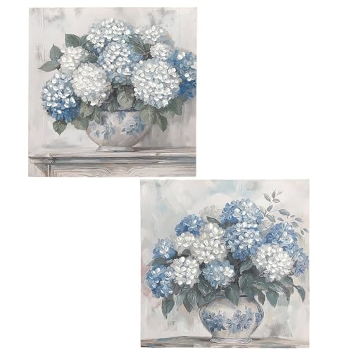DRW Leinwandbild, Vase mit Blumen, handbemalt, in Weiß, Blau und Grün, 60 x 3 x 60 cm von DRW