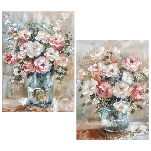 DRW Leinwandbild, Vase mit Blumen, handbemalt, in Weiß, Rosa und Blau, 50 x 3 x 70 cm von DRW
