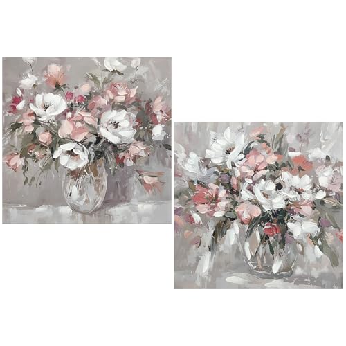 DRW Leinwandbild Einer Vase mit Blumen, handbemalt in Weiß. Rosa und Grün, 80 x 3 x 80 cm, Medidas: 80x3x80cm von DRW