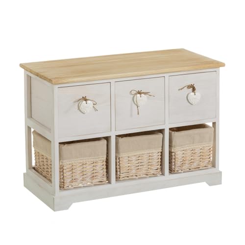 DRW Möbelstück mit 3 Schubladen und 3 Körben aus Holz und Korbgeflecht in Natur und Creme von DRW