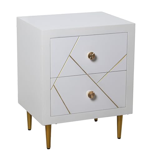 DRW Nachttisch aus Holz mit Zwei Schubladen in Weiß und Gold, 50 x 40 x 63 cm von DRW
