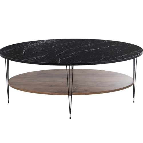 DRW Ovaler Couchtisch mit Ablage aus Holz und Metall in Schwarz, Marmor-Effekt, 109 x 59 x 45 cm, Regal 99 x 49 x 1,8 cm, 109x59x45cm, balda 99x49x1,8cm von DRW