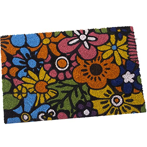 DRW Rechteckige Fußmatte aus Kokosfaser mit Blumen, 40 x 60 x 2 cm, Kokos, Mehrfarbig, 40 x 60 cm von DRW