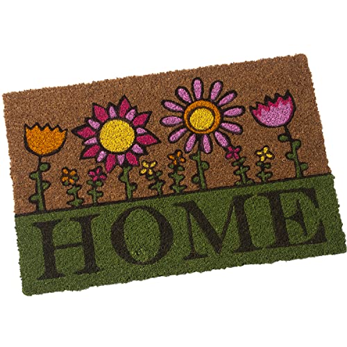 DRW Rechteckige Fußmatte aus Kokosfaser mit Logo Home und Blumen, 40 x 60 cm, Kokos, Mehrfarbig von DRW