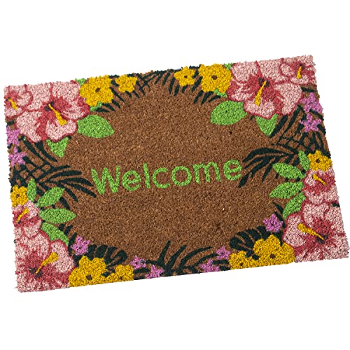 DRW Rechteckige Fußmatte aus Kokosfaser mit Welcome Logo und Blumen, 40 x 60 cm, Mehrfarbig, estandar von DRW