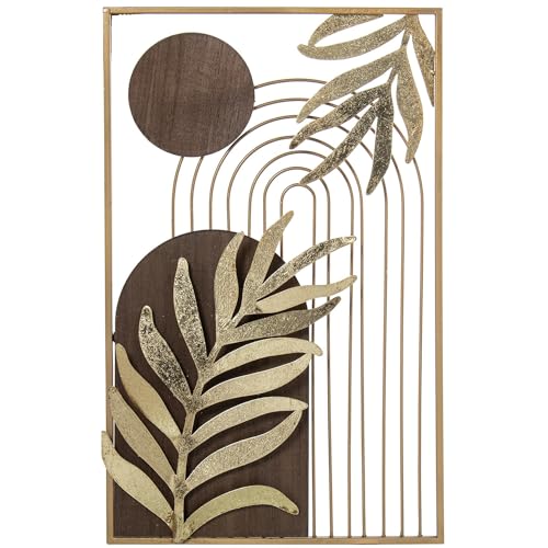 DRW Rechteckige Wandleuchte aus Metall und Holz, mit goldenen Blättern, 2,5 x 35 x 56 cm von DRW