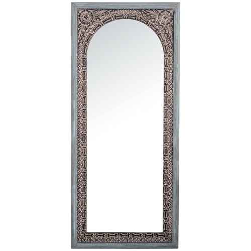 DRW Rechteckiger Wandspiegel mit Holzbogen in Blau, 80 x 180 x 7 cm von DRW