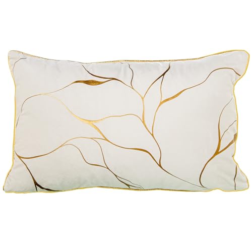 DRW Rechteckiges Kissen aus Samt Polyester mit Reißverschluss in Creme und Gold, 50 x 10 x 30 cm von DRW