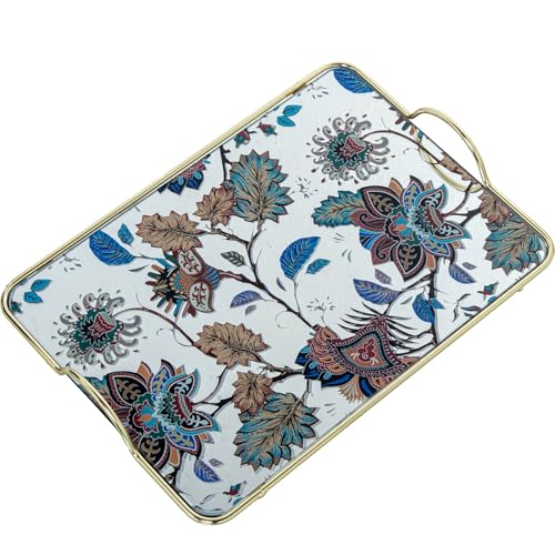 DRW Rechteckiges Tablett mit Griffen aus Glas und Metall mit blauen und braunen Blättern, 35 x 20 x 5 cm von DRW
