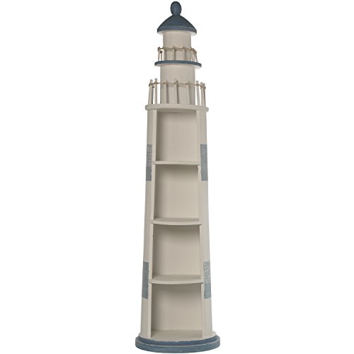 DRW Regal Leuchtturm aus Holz mit 3 Ebenen in weiß und blau 31,5 x 25 x 140 cm von DRW