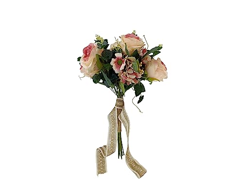 DRW Rosa Brautstrauß mit Rosen und Wildblumen Künstlicher Blumenstrauß Braut Rosa 56x32Ø cm von DRW