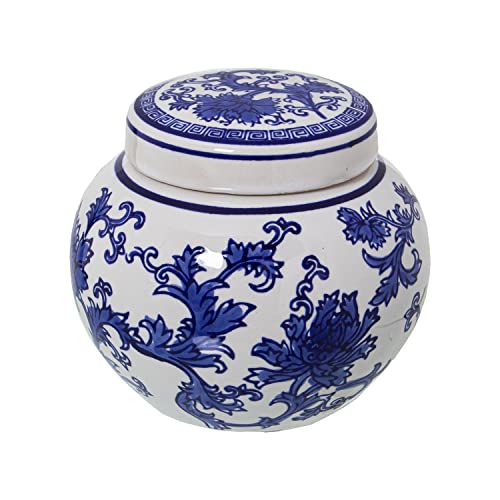 DRW Runde Keramikbox mit Blättern in Weiß und Blau Ø10 x 11 cm von DRW
