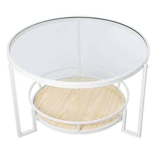 DRW Runder Beistelltisch aus Metall und Glas mit Ablage aus Holz in Weiß und Transparent, 70 x 45 cm, Regal 50 cm, 70x45cm, balda 50cm von DRW